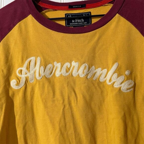 VTG Y2K Abercrombie Fitch Muscle Fit Raglan Long Sleeve Shirt XXL Gold Burgundy - Picture 3 of 11